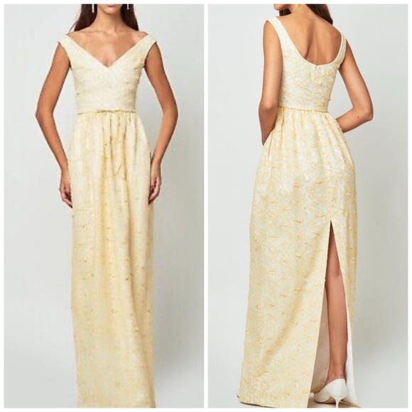 Markarian Alice Daisy Appliqué Off the Shoulder Gown Dress Yellow Cream Size 10